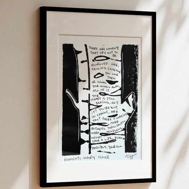 moments by mary oliver poem / birch tree block print