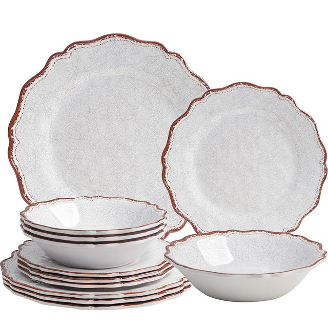 LEHAHA White Melamine Dinnerware Sets - 12pcs High-end Outdoor Plates and Bowls Sets, Presidential BPA Free Unbreakable Camping Dishes Set for 4, Indoor and Outdoor non-breakable Dinner Set