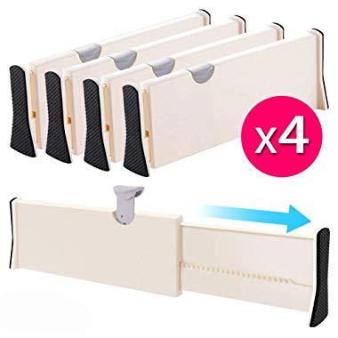 Drawer Dividers Organizer 4 Pack, Adjustable Separators 4" High Expandable from 11-17" for Bedroom, Bathroom, Closet,Clothing, Office, Kitchen Storage, Strong Secure Hold, Foam Ends, Locks in Place