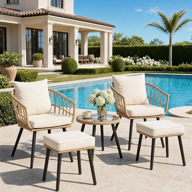 PORWEY 5 Piece Patio Bistro Set with Ottoman, All-Weather PE Rattan Chairs & Coffee Table, Outdoor Wicker Small Conversation Set for Balcony, Porch, Deck, Backyard, Poolside (Yellow/Beige)