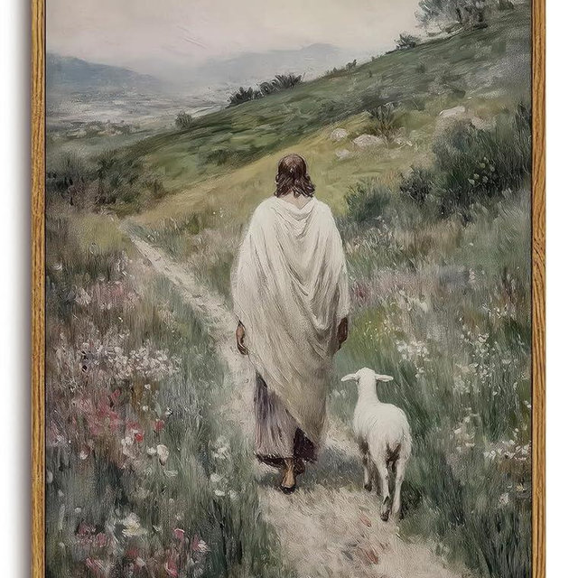 KISSFOX Jesus Canvas Wall Art Jesus Leaves The 99 Sheep Framed Wall Art Christian Religious Serenity Prayer Canvas Art Prints Artwork For Prayer Room Living Room Bedroom Kitchen, 12x16 inch