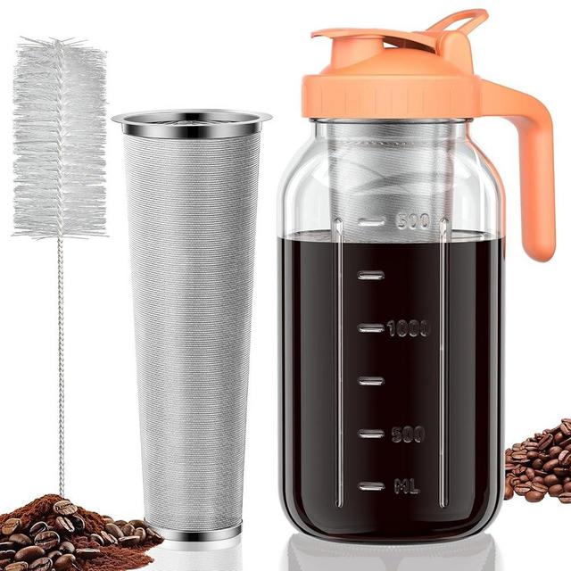 JunVpic Cold Brew Coffee Maker Jar - 64oz Thick Glass Multipurpose Mason Pitcher Spout Lid with Handle & Stainless Steel Filter for Iced Coffee, Lemonade, Ice Tea, Homemade Fruit Drinks Container