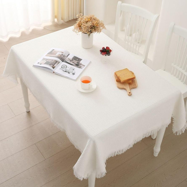 Huierxun Cotton Linen Jacquard Waffle Rectangle Tablecloth for Rectangular Tables Farmhouse Fringe Decorative Table Cloth Dust Proof Table Cover for Kitchen Dining Picnic Holiday (White B,35"x83")