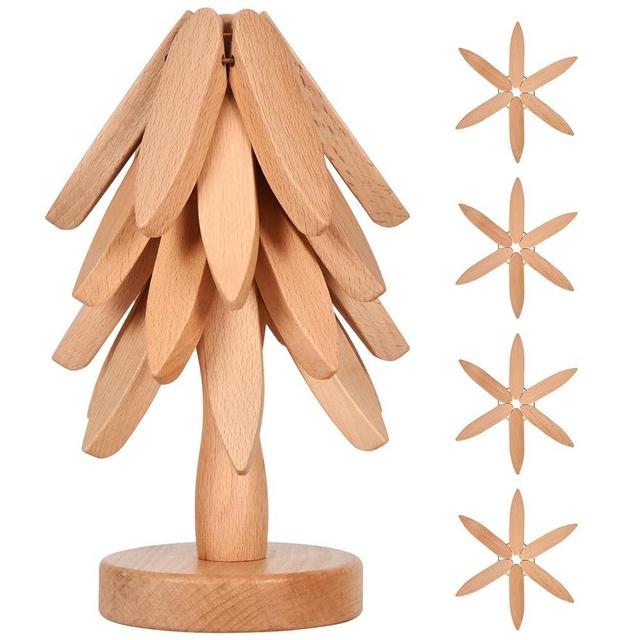 Wooden Trivets for Hot Dishes， Tree Shape Trivet Set,Trivets for Hot Dishes - 4 Wooden Trivet + 1 Stand（Beech Wood）