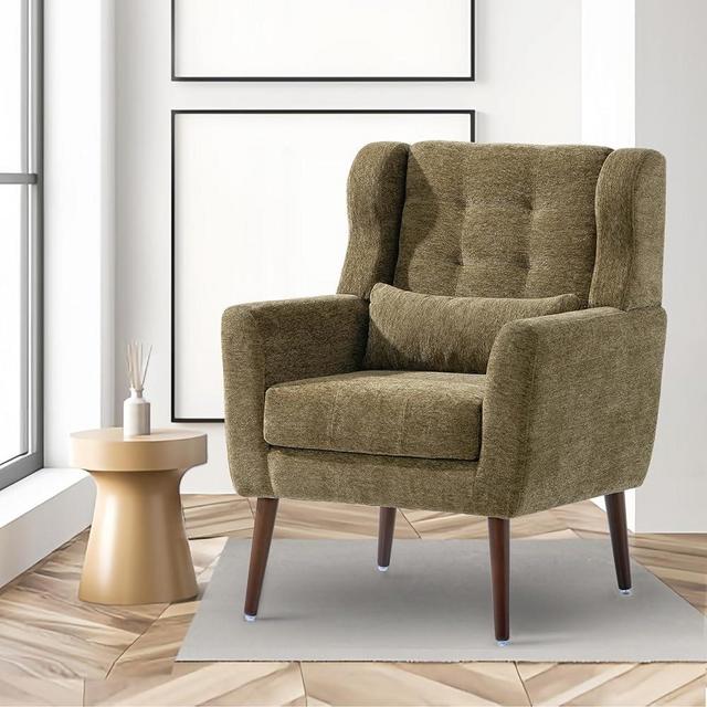 cinkehome Accent Arm Chairs for Living Room, Chenille Upholstered Mordern Armchair, Comfy Soft Padded Lounge Chair in Small Spaces, Bedroom, w/Pillow, Solid Wood Leg, Olive Green