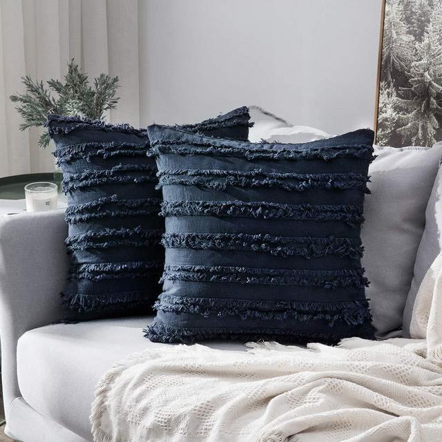 MIULEE Set of 2 Decorative Boho Throw Pillow Covers Cotton Linen Striped Jacquard Pattern Cushion Covers for Sofa Couch Living Room Bedroom 20x20 Inch Navy Blue