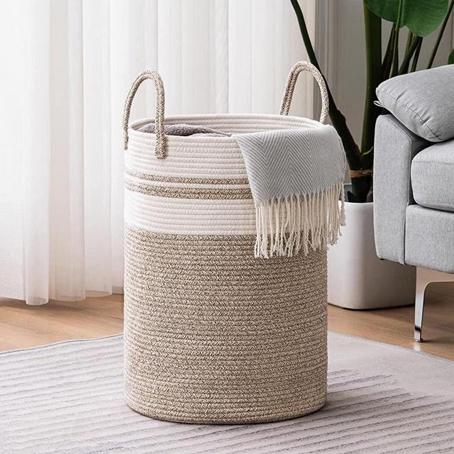 YOUDENOVA Woven Rope Laundry Hamper with Handles, Tall Laundry Basket for Blanket Storage, Heavy Duty Clothes Hamper for Bedroom-72L-Large-Brown