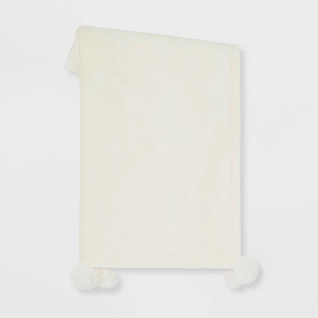 Plush Throw Blanket with Faux Fur Pom-Poms Cream - Opalhouse™
