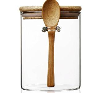 15 oz/450 ml Glass Storage Canister with with Airtight Lid, Cute Clear Decorative Container Jar with Wooden Spoon for Coffee Spice Candy Salt Cookie Condiment Sugar Matcha Tea Overnight Oats