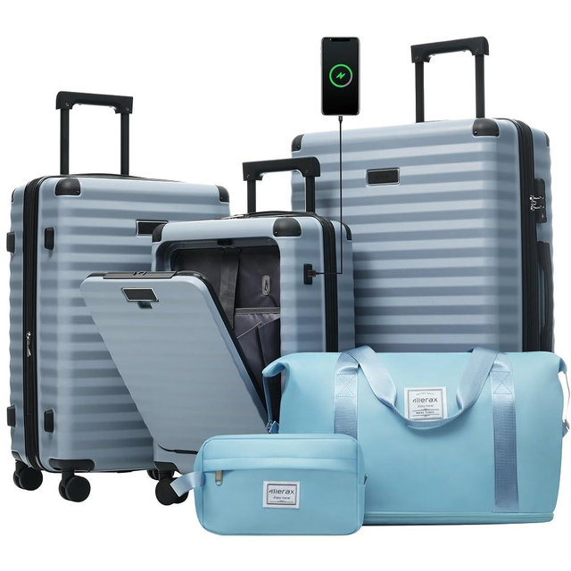 Merax 5 Piece Luggage Set Front Opening Expandable Hardside Carry On Suitcase with Double Spinner Wheels TSA Lock USB Port and Cup Holder,20" 24" 28"(Sky Blue)
