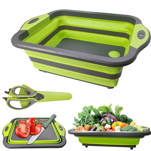 Collapsible Cutting Board, Portable Washing Veggies Fruits Food Grade Camping Sink with Draining Plug and Multifunction kitchen scissors- Space Saving 3 in 1 Multifunction Storage Basket