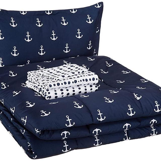 Amazon Basics Easy Care Super Soft Microfiber Kid's Bed-in-a-Bag Bedding Set - Twin, White Anchors