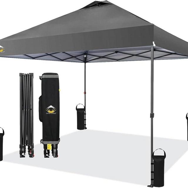 CROWN SHADES 10x10 Pop Up Canopy Tent - Patented Center Lock One Push Instant Outdoor Canopy Beach Tent with STO-N-Go Bag 8 Stakes & 4 Sand Bags，Grid Grey