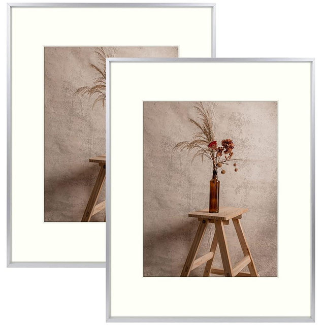 AUEAR, 16x20 Aluminum Frame In Silver - Real Glass - Made To Display Pictures 11x14 with Ivory Color Mat Horizontal And Vertical formats for Wall (2 Pack)