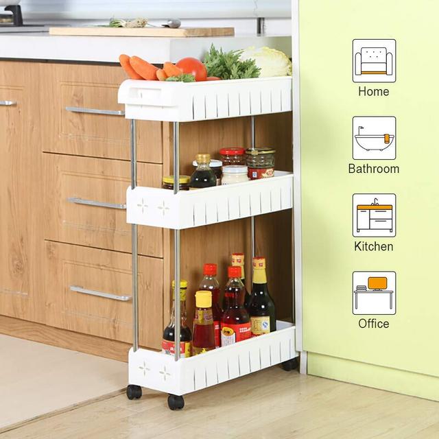 Aogist 3 Tier Slim Storage Cart Mobile Shelving Unit Slide Out Storage Tower for Kitchen Bathroom Laundry Room Narrow Places(White)