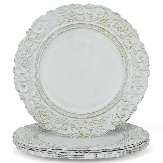 YXZHUOYU Antique Charger Plates, Set of 6 Plastic Embossed, White Charger Plate, 13 Inch, Elegant Charger Plates, Plate Set, Decorative Chargers for Dinner Plates