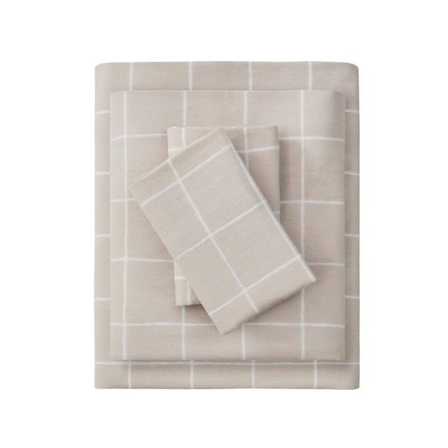 Queen Patterned Oversize Flannel Sheet Set Beige Windowpane - Beautyrest