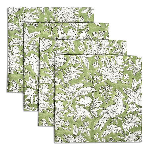 CPC Cloth Napkins 100% Cotton Set of 4 Reusable Napkins, Indian Block Print Toile Floral Dinner Napkin, Fall Thanksgiving Christmas Holiday Party Gift - Soft Absorbent Napkin, 18"x18" Olive Green