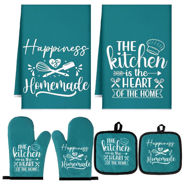 Sratte 6 Pcs Kitchen Decor Accessories Set Farmhouse Towels Pot Holders Oven Mitts Set 2 Dish Towels 2 Potholders 2 Cooking Mittens Oven Glove for Christmas Baking Cooking Supply(Teal,Kitchen)