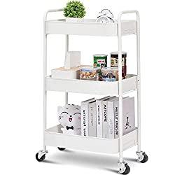 MIOCASA 3-Tier Metal Utility Rolling Cart, Heavy Duty Multifunction Cart with Lockable Casters, Easy to Assemble, Suitable for Office, Bathroom, Kitchen, Garden (White)