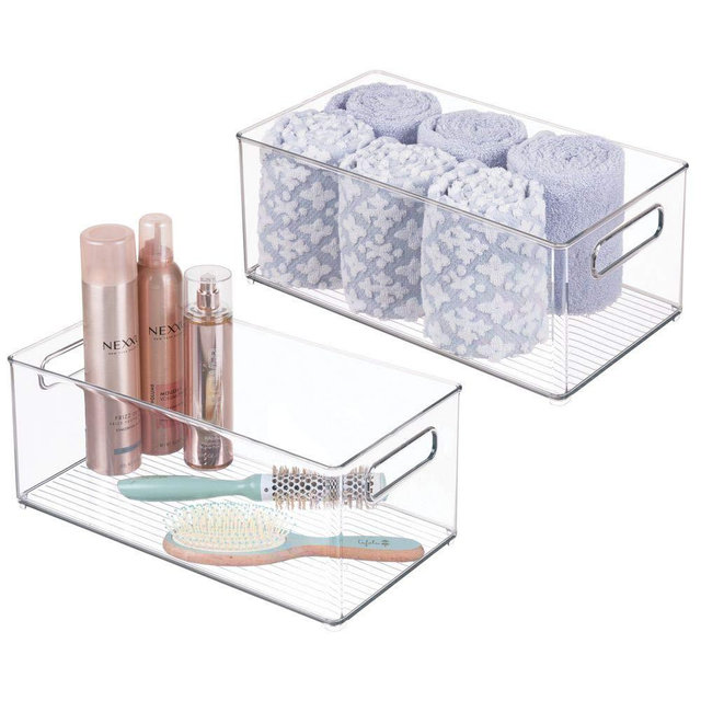 mDesign Deep Plastic Storage Bin Tote with Handles for Organizing Cosmetics, Makeup Palettes, Body Wash, First Aid, Vitamins, Supplements, Hair Styling Accessories, 2 Pack - Clear