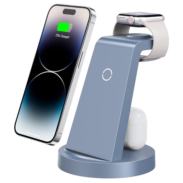 3 in 1 Charging Station for iPhone, Wireless Charger for iPhone 15 14 13 12 11 X Pro Max & Apple Watch - Charging Stand Dock for AirPods (Blue)
