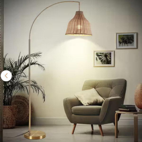 SUNMORY 73 in. Antique Brass Arc Rattan Floor Lamp with Foot Switch, Fabric Retro Boho Farmhouse Lamp, 3 Color Temps & Dimmable SR000024-GD