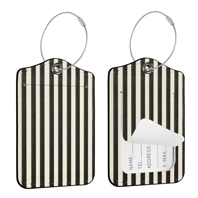 Seorsok 2Pcs Luggage Travel Tags for Suitcases,Cute Black Striped PU Leather Name Tag with Privacy Cover & ID Label Address Card and Durable Metal Ring Suitable for Men Women Handbags Backpack,Brown