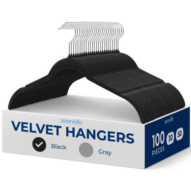 SereneLife 100-Piece Velvet Shirt Hangers - Non-Slip, Heavy Duty Coat Set with 360° Swivel Hook, Space Saving