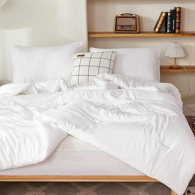 Litanika White Comforter Queen Size, 3 Pieces Boho Lightweight Solid Bedding Set & Collections, All Season Fluffy Bed Set (90x90In Comforter & 2 Pillowcases)