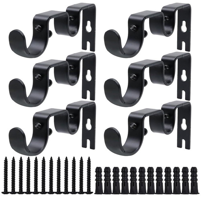 Shonmogar Double Curtain Rod Bracket 6 Pack Metal Curtain Rod Holders for Wall Sturdy Curtain Bracket for 1 Inch Curtain Rod Black Wall Mounted Curtain Rod Hooks for Bedroom Living Room Patio