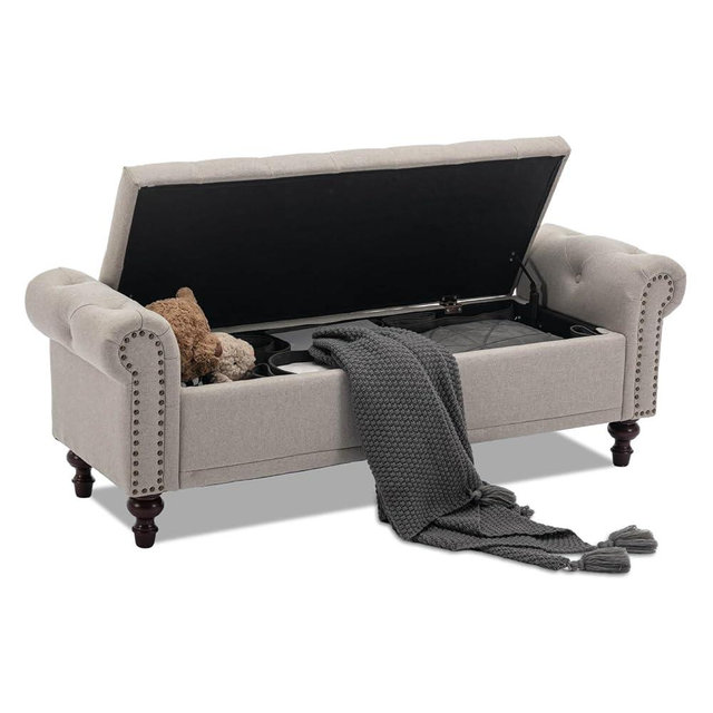 SOFTHION 58.1" Storage Bench Upholstered Linen End of Bedroom Bed Bench Ottoman with Tufted Cushioned Rolled Arm Large Storage Space for Reading Living Room Entryway, Light Brown