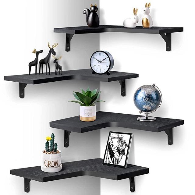 EACHPAI Floating Corner Shelves for Wall Décor Storage, Wall Shelves Set of 4, Wall Mounted Wood Shelves for Home Decor, Bedroom, Living Room, Bathroom, Kitchen, Office (Black)…
