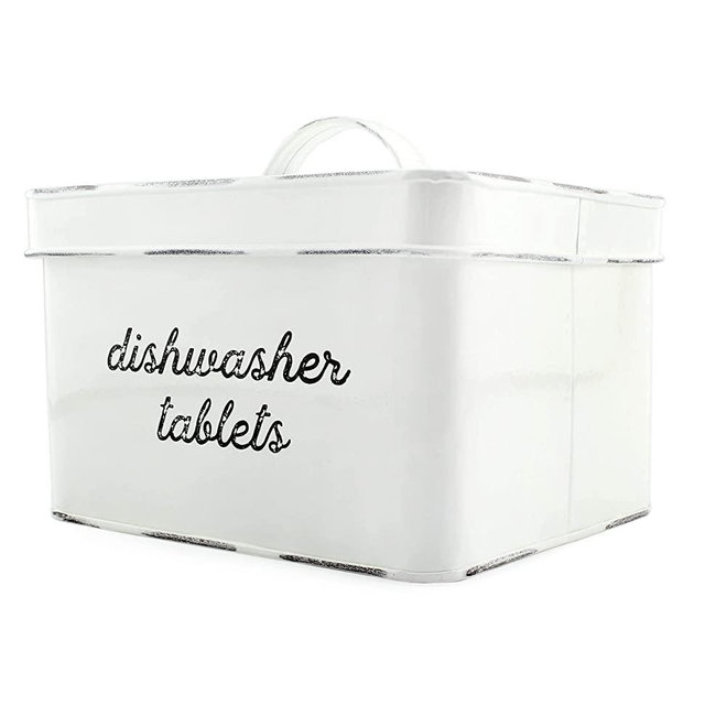 AuldHome Design Dishwasher Pod Holder, Tablet Container; White Enamelware Rustic Kitchen Storage Tin with Lid
