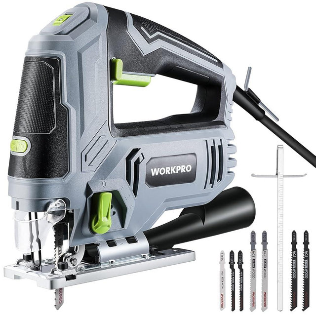 WORKPRO Jigsaw, 6.5AMP 850W Corded Electric Jig Saw Tool Kit with 6 Variable Speeds, 7 Blades, ±45° Bevel Cutting, LED Light, 3000 SPM, 4 Orbital Settings, Edge Guide, Tool-free Blade Changing