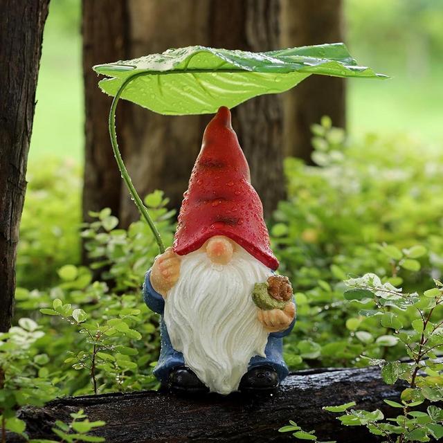 WSHMZYHOME Garden Gnome Statue Decoration with Leaf Umbrella, 7.5” Figurine Ornament for Indoor Outdoor Home Patio Yard Lawn, for Gnome Lovers & Garden Enthusiasts，Mom，Women