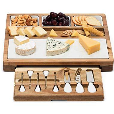 Shanik Cheese Board With 7 Piece Stainless Steel Cutlery Set - Acacia Wood Charcuterie Board and Cheese Serving Platter With Slide-Out Drawer, 3 Ceramic Bowls, Double Sided Marble Blade, Perfect Gift