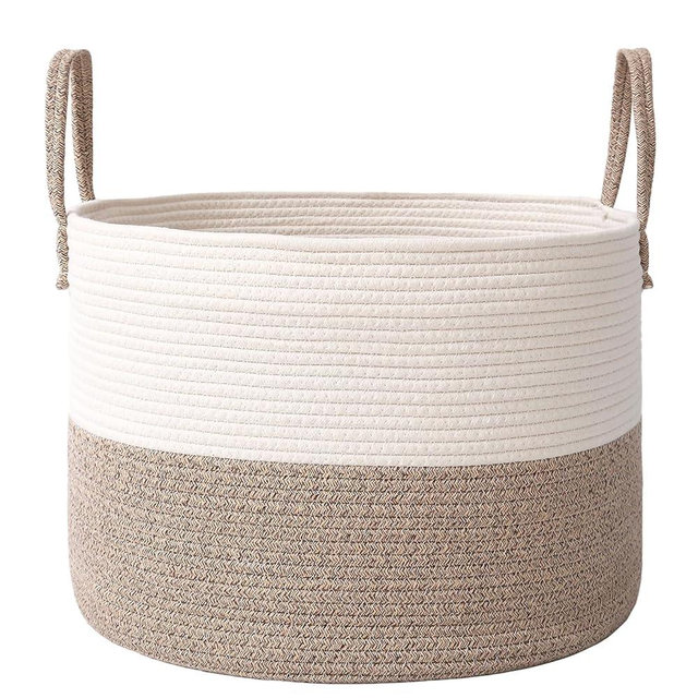 JMvicyroam Woven Blanket Basket,115L Large Rope Storage Bin with Handles, Organizer for Blankets Toys Book and Clothes, Laundry Basket for Living Room Bedroom Nursery,White&Brown
