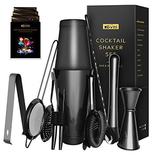 12 Piece Cocktail Shaker Set, Koviti Stainless Steel Bartender Kit - 18 and 28 oz Shakers,Cocktail Strainer Set,Cocktail Muddler&Spoon,Measuring Jigger,2 Liquor Pourers,Ice Tong,Recipes Booklet(Black)