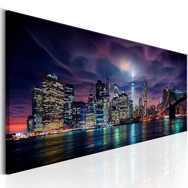 artgeist Canvas Wall Art Print City New York 53x18 in - 1pcs Home Decor Framed Stretched Picture Photo Painting Artwork Image Skyline Skyscrapers Panorama Night d-B-0155-b-a