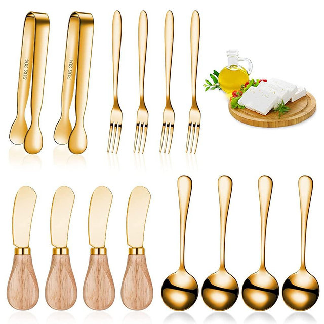 14 Pieces Cheese Butter Spreader Knives Set Stainless Steel Cheese Slicer Butter Spreader Knives with Wooden Handles Mini Serving Tongs Spoons and Forks for Butter, Cheese and Pastry Making (Gold)