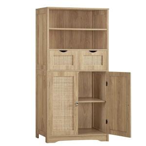 Iwell Tall Storage Cabinet, Rattan Cabinet with 2 Drawers & Adjustable Shelf, Kitchen Pantry Storage Cabient, Entryway Cabinet for Living Room, Dining Room, Home Office, Natural