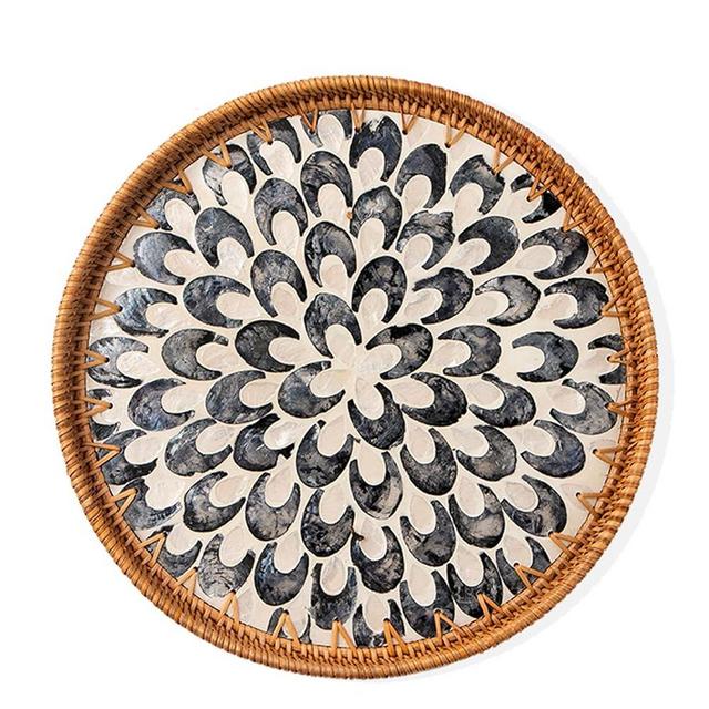 Aayoruro Round Rattan Ottoman Tray with Mother of Pearl Inlay, Elegant Wooden Base Woven Decorative Platter, Table Decor Wicker Basket for Coffee Bread Fruit