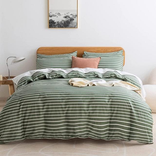 JELLYMONI 100% Natural Cotton 3pcs Striped Duvet Cover Sets, Green Duvet Cover with White Stripes Pattern Printed Comforter Cover, with Zipper Closure & Corner Ties(Queen Size)