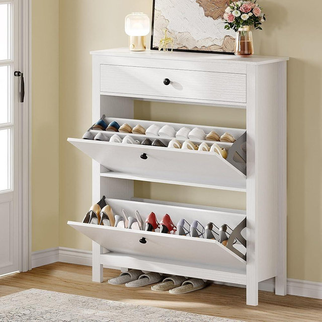 DWVO Narrow Shoe Cabinet with 2 Flip Drawer Slim White Shoe Storage Cabinet with Drawer, Adjustable or Removable Hidden Shoe Rack Free Standing Shoe Cabinet Organizer for Entryway, Hallway