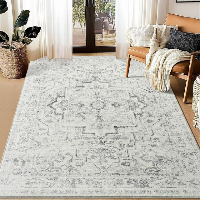 Jainmy Distressed Farmhouse 5x7 Area Rugs for Living Room Bedroom Non Slip Washable, Medallion Pattern Printed Low Pile Thin Carpet Rugs for Dining Room/Kitchen/Home Office, Grey/Creamy White