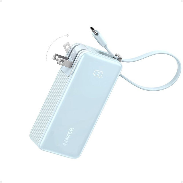 Anker 3-in-1 Power Bank, 10,000mAh Portable Charger with Built-in USB-C Cable and Foldable AC Plug, 30W Max Compact Battery Pack, for iPhone 15 Series, Galaxy, MacBook, and More