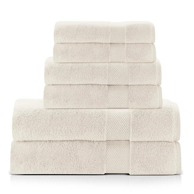 One Thousand Reasons Zero Twist Bathroom Towel Set - Luxury Bath Towel Sets for Bathroom, Hands, and Washcloths - Quick Dry and Absorbent - 6 Pieces, 1 Stripe, Sand