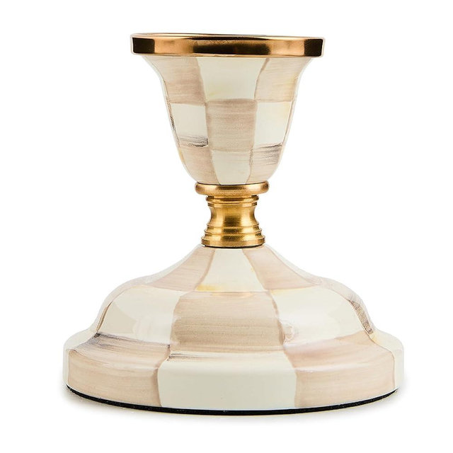 MACKENZIE-CHILDS Enamel Candlestick, Cute Candle-Holder Decor, Short, Brown-and-White Mocha Check