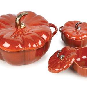 Staub Cast Iron Pumpkin Cocotte with Two Petite Cocottes 3.5-quart Burnt Orange